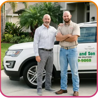 skip and his son standing next to company vehicle