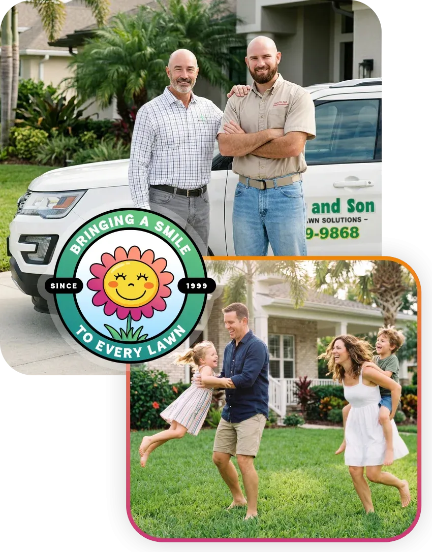 family playing outside. owners standing next to truck