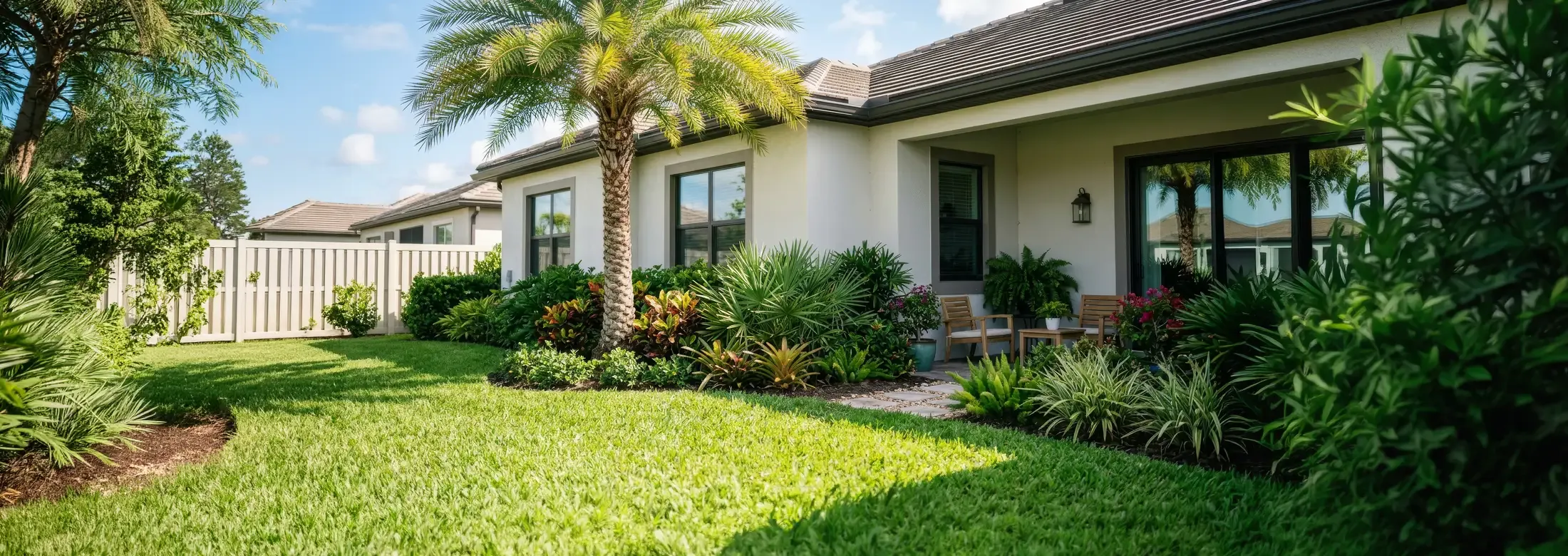 backyard image with green healthy grass and well maintained trees and shrubs