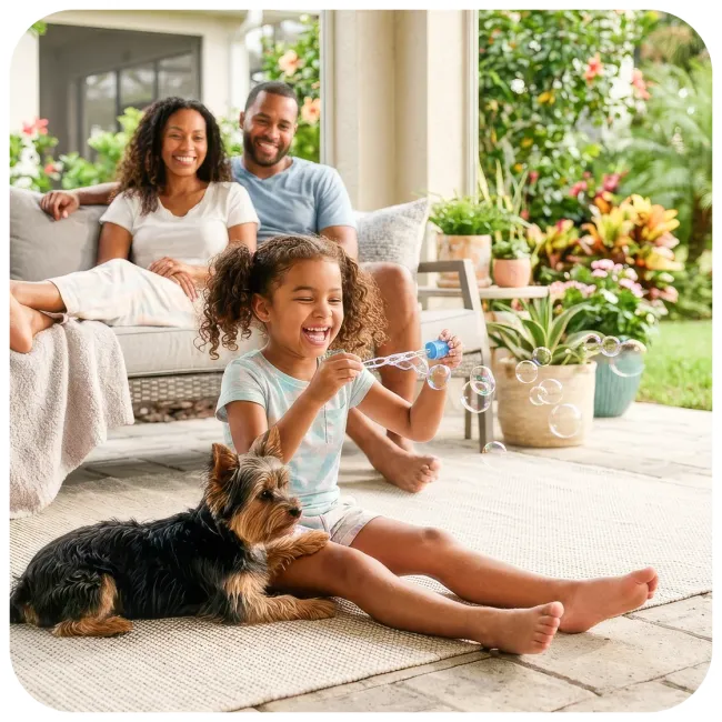 family outside, girl is sitting with dog blowing bubbles outside