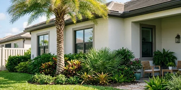 back yard Florida home with nicely maintained shrubs and trees
